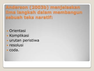 Anderson (2003b) menjelaskan
lima langkah dalam membangun
sebuah teks naratif:


   Orientasi
   Komplikasi
   urutan peristiwa
   resolusi
   coda.
 