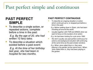 Past perfect simple and continuous
PAST PERFECT
SIMPLE
 To describe a single action, or
repeated actions, complete
before a time in the past:
E.g. By the age of 20, she had
written 12 fairy tales.
 To describe a situation which
existed before a past event:
E.g. At the time of her birthday
last year, she had been in
hospital for two months.
PAST PERFECT CONTINUOUS
 To describe an ongoing situation or action
which continued up to, or stopped just before a
time in the past:
E.g. Before settling down in Spain, she had been
travelling all around the world.
 Usually together with FOR and SINCE when we
want to focus on the duration of an action:
E.g. He had been looking for a job since 1990.
 We don’t usually use past perfect continuous for
actions and background situation still continuing
at the same time as the past simple narrative:
E.g. When Jane called them in, they were
playing in the garden (at the same time) / When
Jane called them in, they had been playing in
the garden.
 