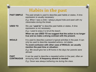 Habits in the past
PAST SIMPLE The past simple is used to describe past habits or states. A time
expression is usually necessary:
E.g. When I was a child, I always played hide-and-seek with my
classmates during the break.
USED TO We use “used to” to describe past habits or states. A time
expression is not necessary:
E.g. I used to enjoy it a lot at the beach.
When we use USED TO we suggest that the action is no longer
true and so make a strong contrast with the present.
WOULD It is used to describe a person’s typical activities in the past. It can
only be used to describe repeated actions, not states.
To avoid confusion with other uses of WOULD, we usually
mention the past time or situation:
E.g. We would give her a lift home in the days her parents were
abroad.
PAST
CONTINUOUS
It can be used to describe a repeated action in the past, often an
annoying habit. A frequency adverb is needed:
E.g. Oscar was always bothering me during the class.
 