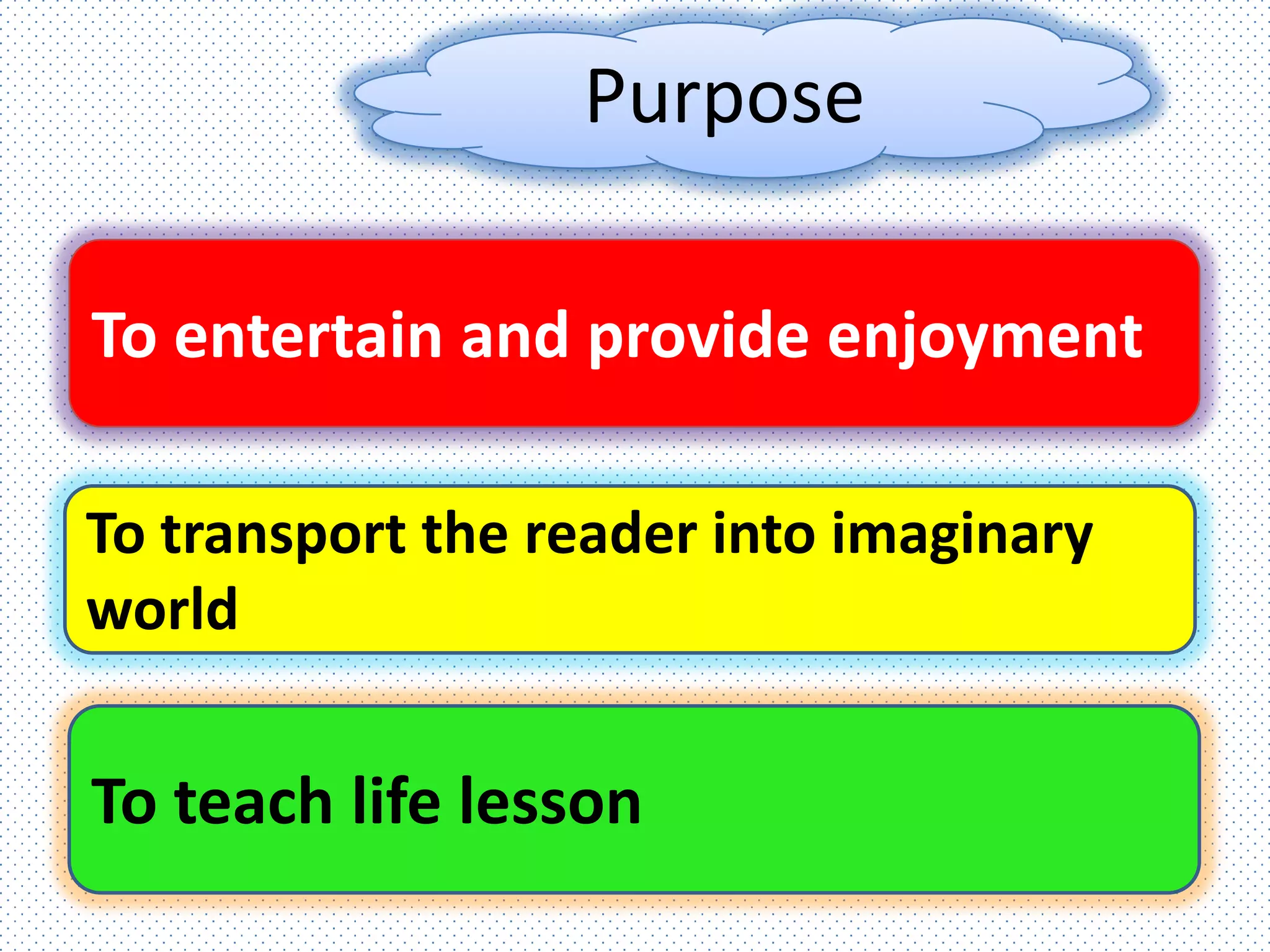 Purpose
To entertain and provide enjoyment
To transport the reader into imaginary
world
To teach life lesson
 