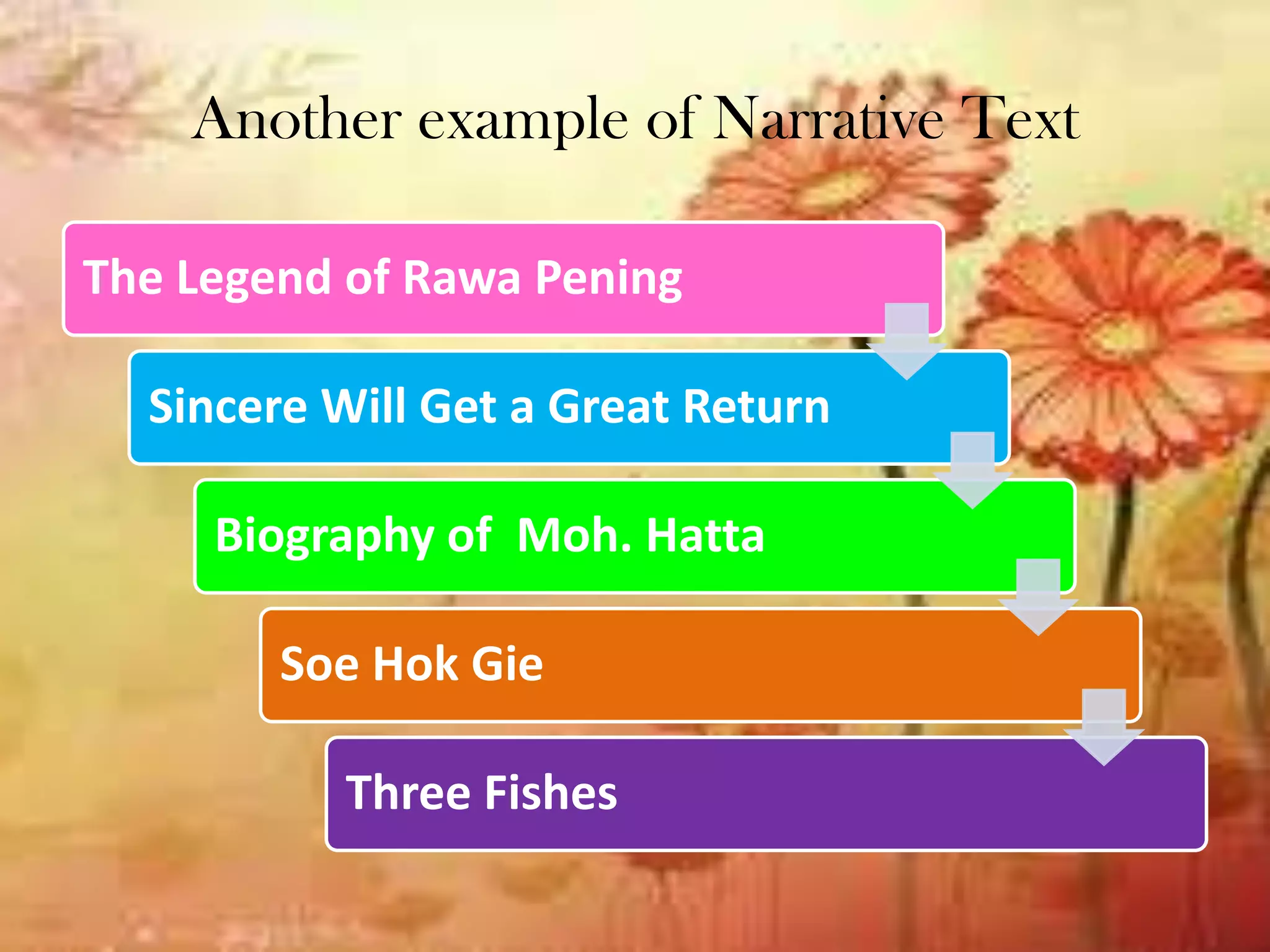 Another example of Narrative Text
The Legend of Rawa Pening
Sincere Will Get a Great Return
Biography of Moh. Hatta
Soe Hok Gie
Three Fishes
 