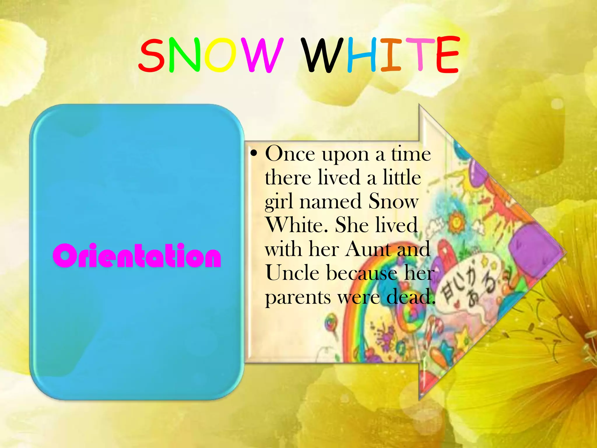 SNOW WHITE
•Once upon a time
there lived a little
girl named Snow
White. She lived
with her Aunt and
Uncle because her
parents were dead.
Orientation
 