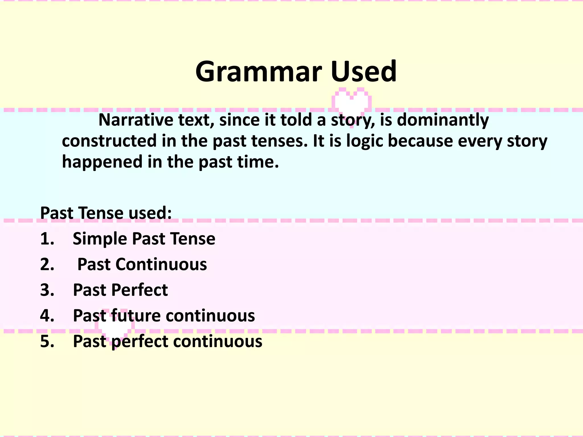 Grammar Used
Narrative text, since it told a story, is dominantly
constructed in the past tenses. It is logic because every story
happened in the past time.
Past Tense used:
1. Simple Past Tense
2. Past Continuous
3. Past Perfect
4. Past future continuous
5. Past perfect continuous
 
