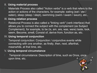 II.  Using material process
 Materials Process also called "Action verbs" is a verb that refers to the 
action or actions of the characters, for example: eating (eat / ate / 
eaten), sleep (sleep / slept), swimming (swim / swam / swum), etc..
III. Using relation process
 Relational Process is also called a "linking verb" (verb interface) that 
allows you to connect the subject with the complement (as Subject 
Complement). for example, to be (is, am, are, was, were) taste, look, 
seem, Become, smell, Consist of, derive from, function as, etc.
IV. Using temporal conjunction
 Temporal conjunction: Conjunction / conjunctive events while 
connecting with one another, as firstly, then, next, afterthat, 
meanwhile, at that time, etc.
V. Using temporal circumstance
  Temporal circumstance: Description of time, such as Once, once 
upon time, etc.
 