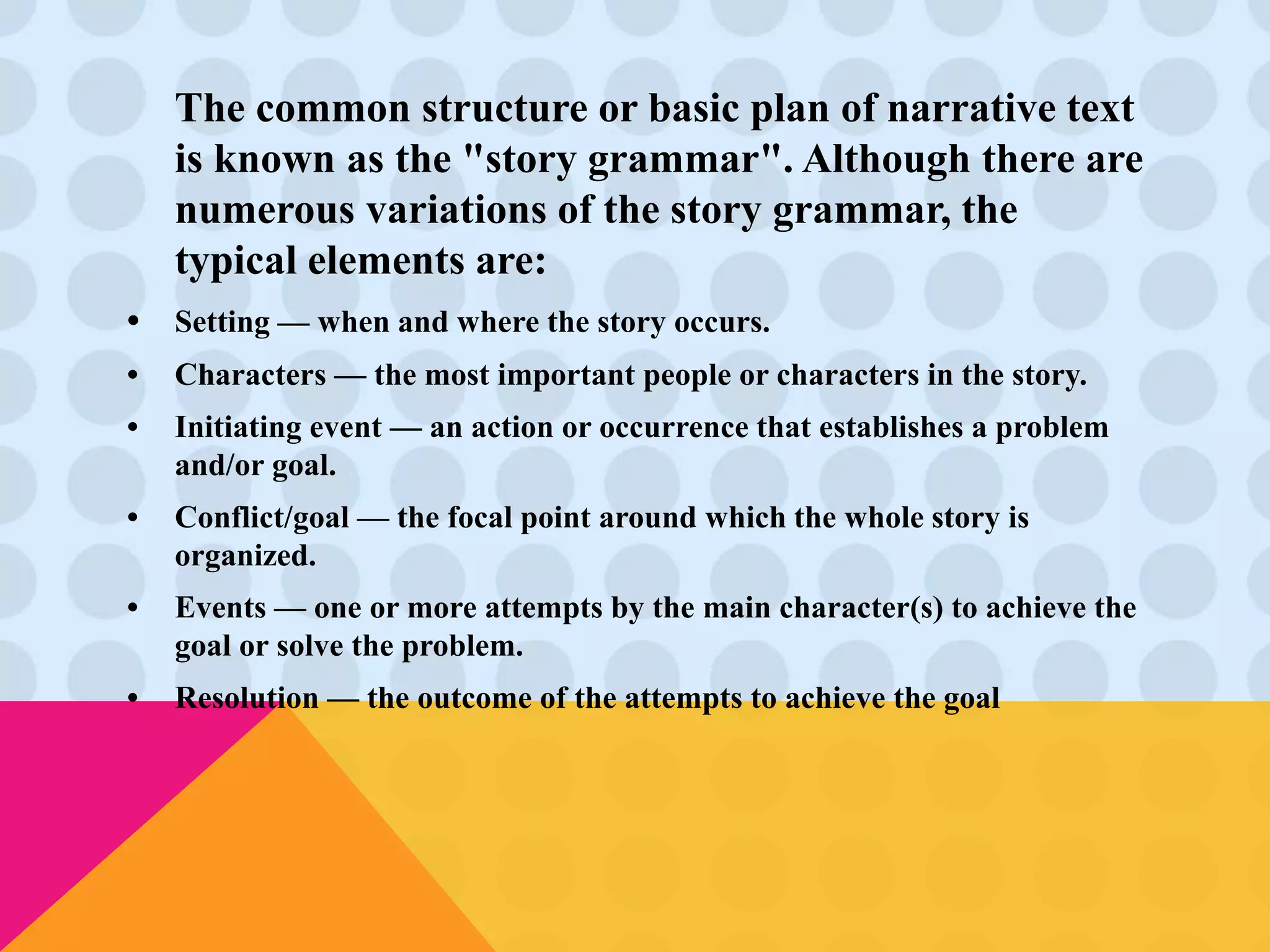 The common structure or basic plan of narrative text 
is known as the "story grammar". Although there are 
numerous variations of the story grammar, the 
typical elements are: 
• Setting — when and where the story occurs. 
• Characters — the most important people or characters in the story. 
• Initiating event — an action or occurrence that establishes a problem 
and/or goal. 
• Conflict/goal — the focal point around which the whole story is 
organized. 
• Events — one or more attempts by the main character(s) to achieve the 
goal or solve the problem. 
• Resolution — the outcome of the attempts to achieve the goal 
 