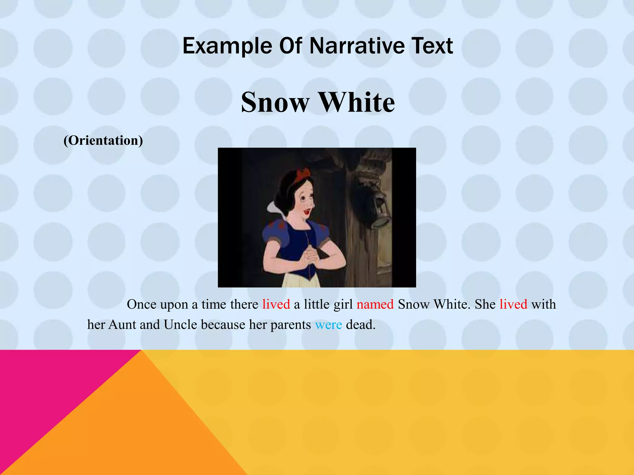 Example Of Narrative Text 
Snow White 
(Orientation) 
Once upon a time there lived a little girl named Snow White. She lived with 
her Aunt and Uncle because her parents were dead. 
 