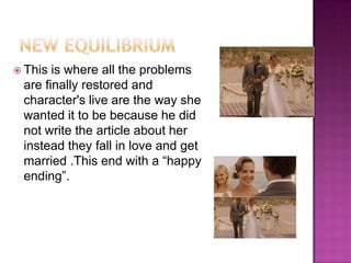  This is where all the problems
 are finally restored and
 character's live are the way she
 wanted it to be because he did
 not write the article about her
 instead they fall in love and get
 married .This end with a “happy
 ending”.
 