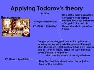 Applying Todorov’s theory In films  The Hangover 1 st  stage – Equilibrium   2 nd  stage – Disruption   3 rd   stage – Resolution One of the main characters is suppose to be getting married, two days before as a ‘stag do’ him and his friends decide to go to Las Vegas The group are drugged and wake up the next morning not knowing what happened the night after. The groom is lost, so they all go on a journey to look  for their friend, along the way they over come people to help them  discover the events of the night before  They find their friend and return home just in time for the wedding. 