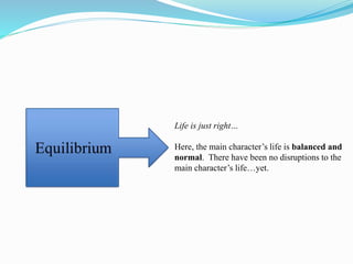 Life is just right…
Here, the main character’s life is balanced and
normal. There have been no disruptions to the
main character’s life…yet.
 