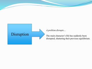 A problem disrupts…
The main character’s life has suddenly been
disrupted, shattering their previous equilibrium.
 