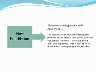 New
Equilibrium
The character has gained a NEW
equilibrium …
The main character has worked through the
problems and as a result, have gained back their
equilibrium. However – they have grown
from their experience. Life is now BETTER
than it was at the beginning of the narrative.
 