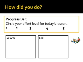 Progress Bar:
Circle your effort level for today’s lesson.
1 2 3 4 5
Progress Bar:
• Circle your effort level for today’s lesson.
1 2 3 4 5
WWW EBI
EBI:
 