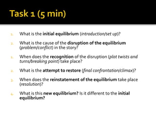 1. What is the initial equilibrium (introduction/set up)?
2. What is the cause of the disruption of the equilibrium
(problem/conflict) in the story?
1. When does the recognition of the disruption (plot twists and
turns/breaking point) take place?
2. What is the attempt to restore (final confrontation/climax)?
3. When does the reinstatement of the equilibrium take place
(resolution)?
4. What is this new equilibrium? Is it different to the initial
equilibrium?
 