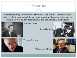 Theorists
After researching into different Theorists, I can see that there are many
who use the theory to explain narrative structure. Narrative is the way in
which a story is told in both fictional and non-fictional media texts.
Vladimir Propp
Roland Barthes

Tzvetan Todorov

Claude Levi-Strauss

 