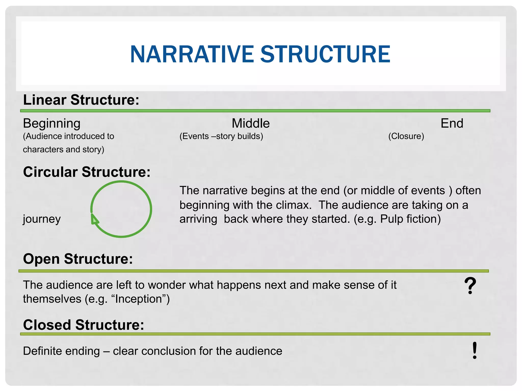 NARRATIVE STRUCTURE
Linear Structure:
Beginning                                  Middle                                  End
(Audience introduced to       (Events –story builds)                   (Closure)
characters and story)

Circular Structure:
                              The narrative begins at the end (or middle of events ) often
                              beginning with the climax. The audience are taking on a
journey                       arriving back where they started. (e.g. Pulp fiction)


Open Structure:
The audience are left to wonder what happens next and make sense of it
themselves (e.g. “Inception”)
                                                                                      ?
Closed Structure:
Definite ending – clear conclusion for the audience                                      !
 