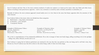 Sven E Carlsson said that ‘One of the most common methods of media text analysis is to break up the music video into black and white boxes.
Almost everything is then perceived as opposites – trash or art, commerce or creativity, male or female, naturalism or antirealism, etc.’
Basically, he believes the most common approach toward media texts is to view them in the sense that binary opposites drive the narration of the
video forward.
Sven Carlsson believes that music videos are divided into three categories:
1) Performance – song, dance, instrumental
2) 2) Narrative – story and plot
3) Conceptual/Abstract
Examples of Performance Videos - Examples of Narrative videos Examples of Abstract Videos
Lady Gaga – Bad Romance Taylor Swift – You Belong With Me Rodriguez – Sugar Man
Rihanna – Rude Boy Bon Jovi – Always MIKA - Lollipop
Michael Jackson - Black or White Bob Dylan – Beyond Here Lies Nothing Little Wayne – Lollipop ft. Static
‘He or she is a materialization of the commercial exhibitionist. He or she is monger of their own body image, selling everything to be in the spotlight
– selling voice, affect, lifestyle, records and so on’
Here Carlsson is saying that he believes performers are restricted in the way that they can perform as they are being used to sell their voice, face,
lifestyle etc. Sven E Carlsson says that this is down to the artists being a seller of their own body image.
 