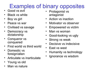 Examples of binary opposites
• Good vs evil
• Black vs white
• Boy vs girl
• Peace vs war
• Civilised vs savage
• Democracy vs
dictatorship
• Conqueror vs
conquered
• First world vs third world
• Domestic vs
foreign/alien
• Articulate vs inarticulate
• Young vs old
• Man vs nature
• Protagonist vs
antagonist
• Action vs inaction
• Motivator vs observer
• Empowered vs victim
• Man vs woman
• Good-looking vs ugly
• Strong vs weak
• Decisive vs indecisive
• East vs west
• Humanity vs technology
• Ignorance vs wisdom
 