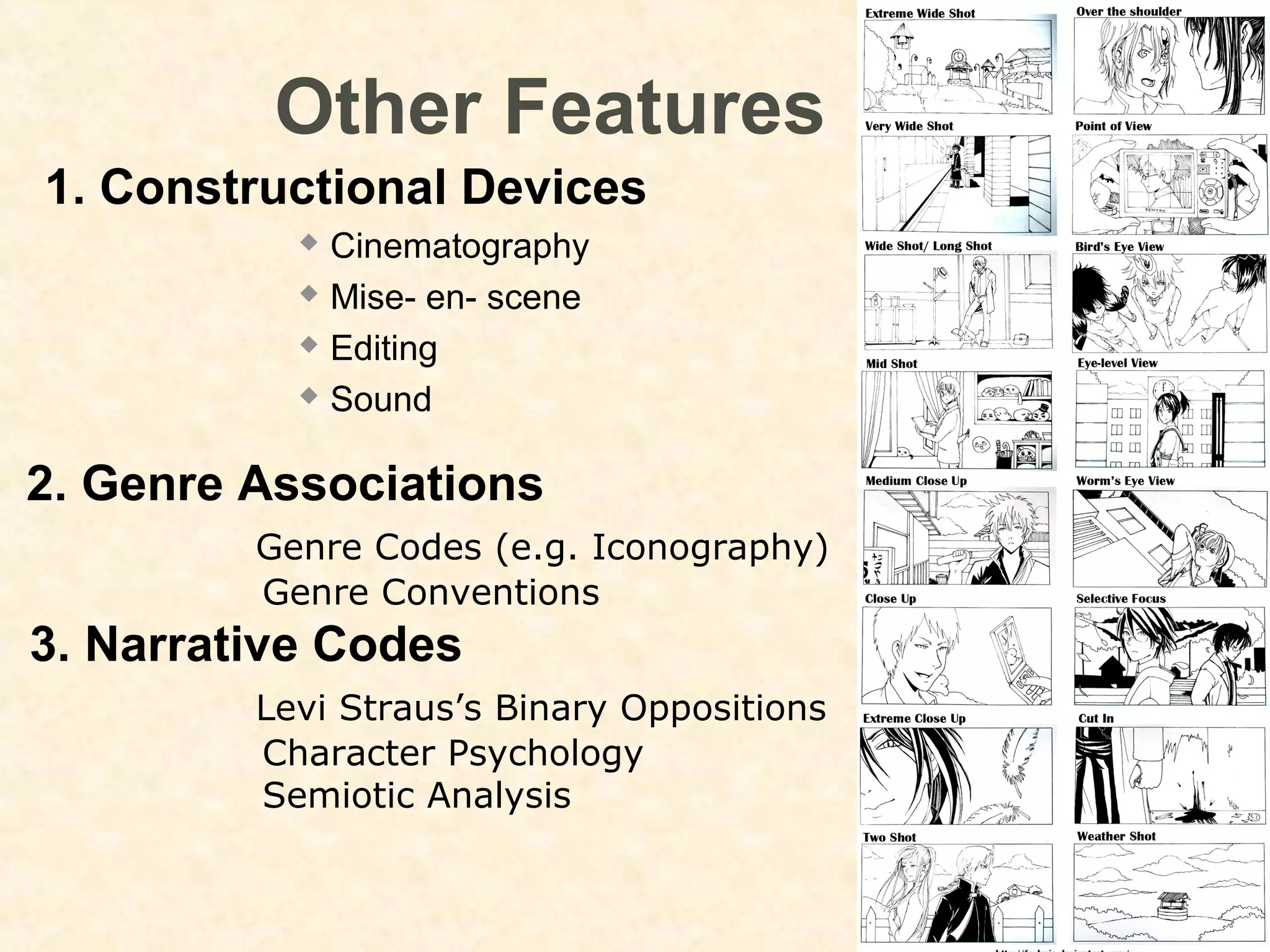 Other Features
1. Constructional Devices
 Cinematography
 Mise- en- scene
 Editing
 Sound
2. Genre Associations
Genre Codes (e.g. Iconography)
Genre Conventions
3. Narrative Codes
Levi Straus’s Binary Oppositions
Character Psychology
Semiotic Analysis
 