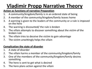 Vladimir Propp Narrative Theory
Action as functions of narrative Preparation
1. A community/kingdom/family is in an ordered state of being
2. A member of the community/kingdom/family leaves home
3. A warning is given to the leaders of the community or a rule is imposed
on the hero
4. The warning is discounted/ the rule is broken
5. The villain attempts to discover something about the victim of the
broken rule
6. The villain tries to deceive the victim to gain advantage
7. The victim unwittingly helps the villain
Complication the state of disorder
1. A state of disorder
2. The villain harms a member of the community/kingdom/family
3. One of the members of the community/kingdom/family desires
something
4. The hero is sent to get what is desired
5. The hero plans action against the villain
 