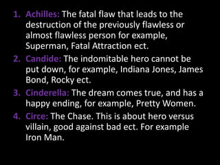 1. Achilles: The fatal flaw that leads to the
destruction of the previously flawless or
almost flawless person for
example, Superman, Fatal Attraction ect.
2. Candide: The indomitable hero cannot be
put down, for example, Indiana Jones, James
Bond, Rocky ect.
3. Cinderella: The dream comes true, and has a
happy ending, for example, Pretty Women.
4. Circe: The Chase. This is about hero versus
villain, good against bad ect. For example
Iron Man.

 