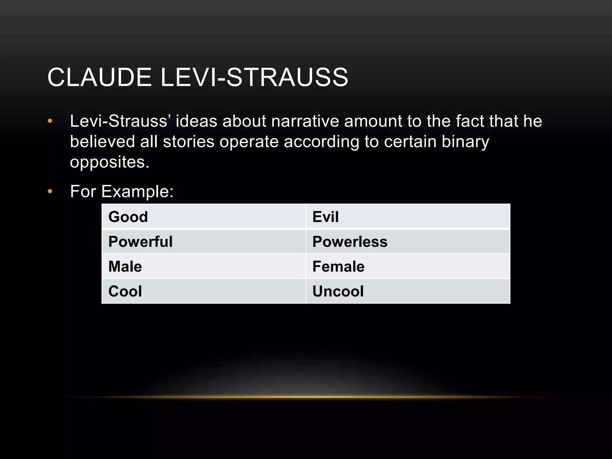 CLAUDE LEVI-STRAUSS 
• Levi-Strauss’ ideas about narrative amount to the fact that he 
believed all stories operate according to certain binary 
opposites. 
• For Example: 
Good Evil 
Powerful Powerless 
Male Female 
Cool Uncool 
 