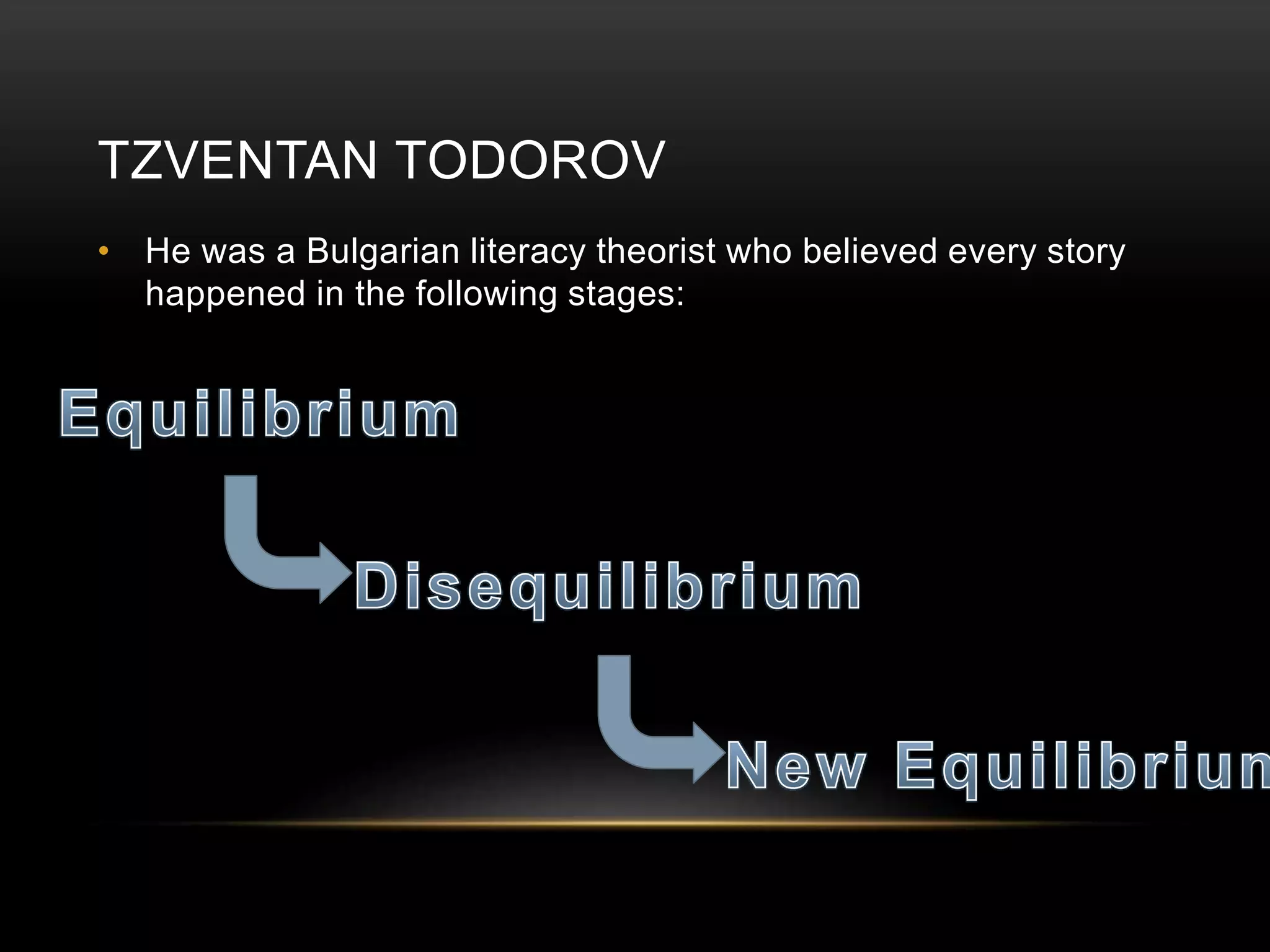 TZVENTAN TODOROV 
• He was a Bulgarian literacy theorist who believed every story 
happened in the following stages: 
 