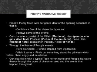 PROPP’S NARRATIVE THEORY 
• Propp’s theory fits in with our genre idea for the opening sequence in 
that it: 
-Contains a few of the character types and 
-Follows some of the events 
• Our characters consist of the Villain (Murderer), Hero (person who 
gets killed last), Princess (Victim of the murderer), False Hero 
(friend of Hero), Dispatcher (Police), Helper (Friends) 
• Through the theme of Propp’s events: 
-Hero prohibited – Person stopped from Vigilantism 
-Villain Learns - Finds out something about the princess which 
makes them angry and murderous 
• Our idea fits in with a typical Teen horror movie and Propp’s Narrative 
theory through the types of character used and the events that 
happen throughout. 
 