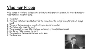 Vladimir Propp
Propp looked at folk tales and saw some structures they shared in common. He found 8 character
roles that move the story along.
1. The Villain
2. The Hero (not always good but carries the story along, the central character and not always
male)
3. The donor (who provides an object with some special property)
4. The helper (who helps the hero)
5. The princess (the reward for the hero and object of the villain’s schemes)
6. Her father (Who rewards the hero)
7. The dispatcher (who sends the hero on his way)
8. The false hero
 