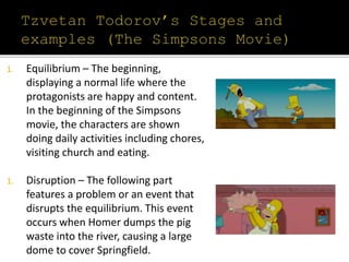 1. Equilibrium – The beginning,
displaying a normal life where the
protagonists are happy and content.
In the beginning of the Simpsons
movie, the characters are shown
doing daily activities including chores,
visiting church and eating.
1. Disruption – The following part
features a problem or an event that
disrupts the equilibrium. This event
occurs when Homer dumps the pig
waste into the river, causing a large
dome to cover Springfield.
 
