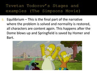 5. Equilibrium – This is the final part of the narrative
where the problem is solved and normality is restored,
all characters are content again. This happens after the
Dome blows up and Springfield is saved by Homer and
Bart.
 