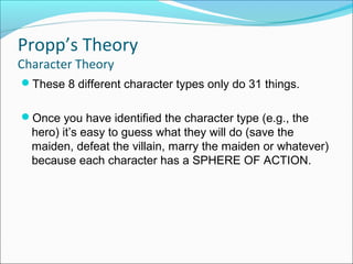 These 8 different character types only do 31 things.
Once you have identified the character type (e.g., the
hero) it’s easy to guess what they will do (save the
maiden, defeat the villain, marry the maiden or whatever)
because each character has a SPHERE OF ACTION.
Propp’s Theory
Character Theory
 