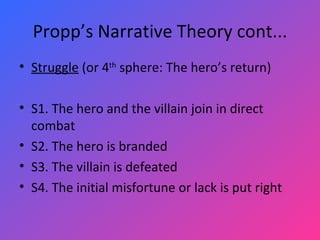 Propp’s Narrative Theory cont... Struggle  (or 4 th  sphere: The hero’s return)   S1. The hero and the villain join in direct combat S2. The hero is branded S3. The villain is defeated S4. The initial misfortune or lack is put right 