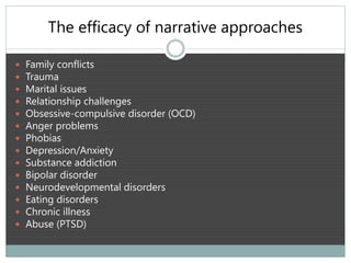 The efficacy of narrative approaches
 Family conflicts
 Trauma
 Marital issues
 Relationship challenges
 Obsessive-compulsive disorder (OCD)
 Anger problems
 Phobias
 Depression/Anxiety
 Substance addiction
 Bipolar disorder
 Neurodevelopmental disorders
 Eating disorders
 Chronic illness
 Abuse (PTSD)
 
