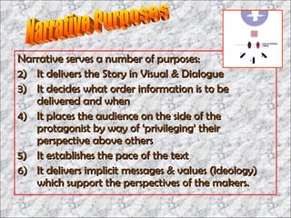Narrative serves a number of purposes: It delivers the Story in Visual & Dialogue  It decides what order information is to be delivered and when It places the audience on the side of the protagonist by way of ‘privileging’ their perspective above others It establishes the pace of the text It delivers implicit messages & values (Ideology) which support the perspectives of the makers. Narrative Purposes 