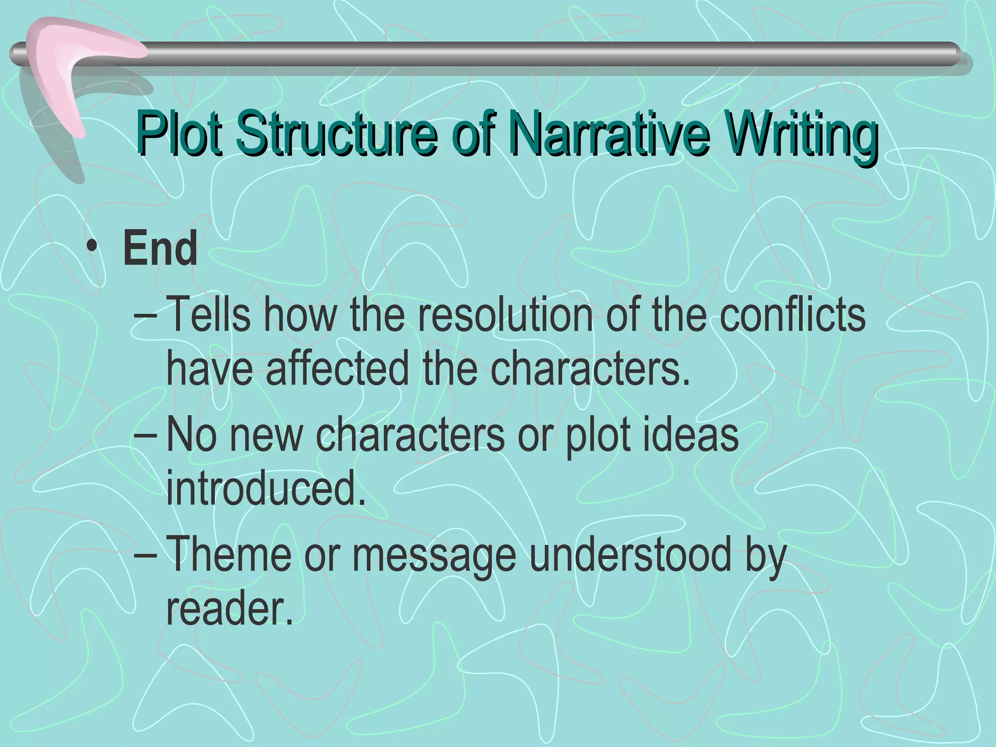 Plot Structure of Narrative Writing End Tells how the resolution of the conflicts have affected the characters. No new characters or plot ideas introduced. Theme or message understood by reader. 