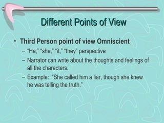 Different Points of View <ul><li>Third Person point of view Omniscient </li></ul><ul><ul><li>“He,” “she,” “it,” “they” per...