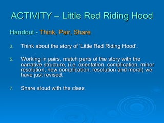 ACTIVITY – Little Red Riding Hood Handout -  Think, Pair, Share Think about the story of ‘Little Red Riding Hood’. Working in pairs, match parts of the story with the narrative structure, (i.e. orientation, complication, minor resolution, new complication, resolution and moral) we have just revised. Share aloud with the class 