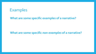 Examples 
What are some specific examples of a narrative? 
What are some specific non-examples of a narrative? 
 