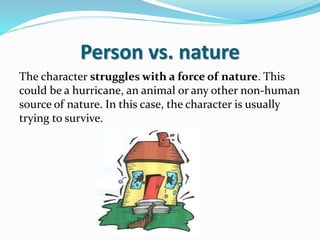 Person vs. nature
The character struggles with a force of nature. This
could be a hurricane, an animal or any other non-human
source of nature. In this case, the character is usually
trying to survive.
 
