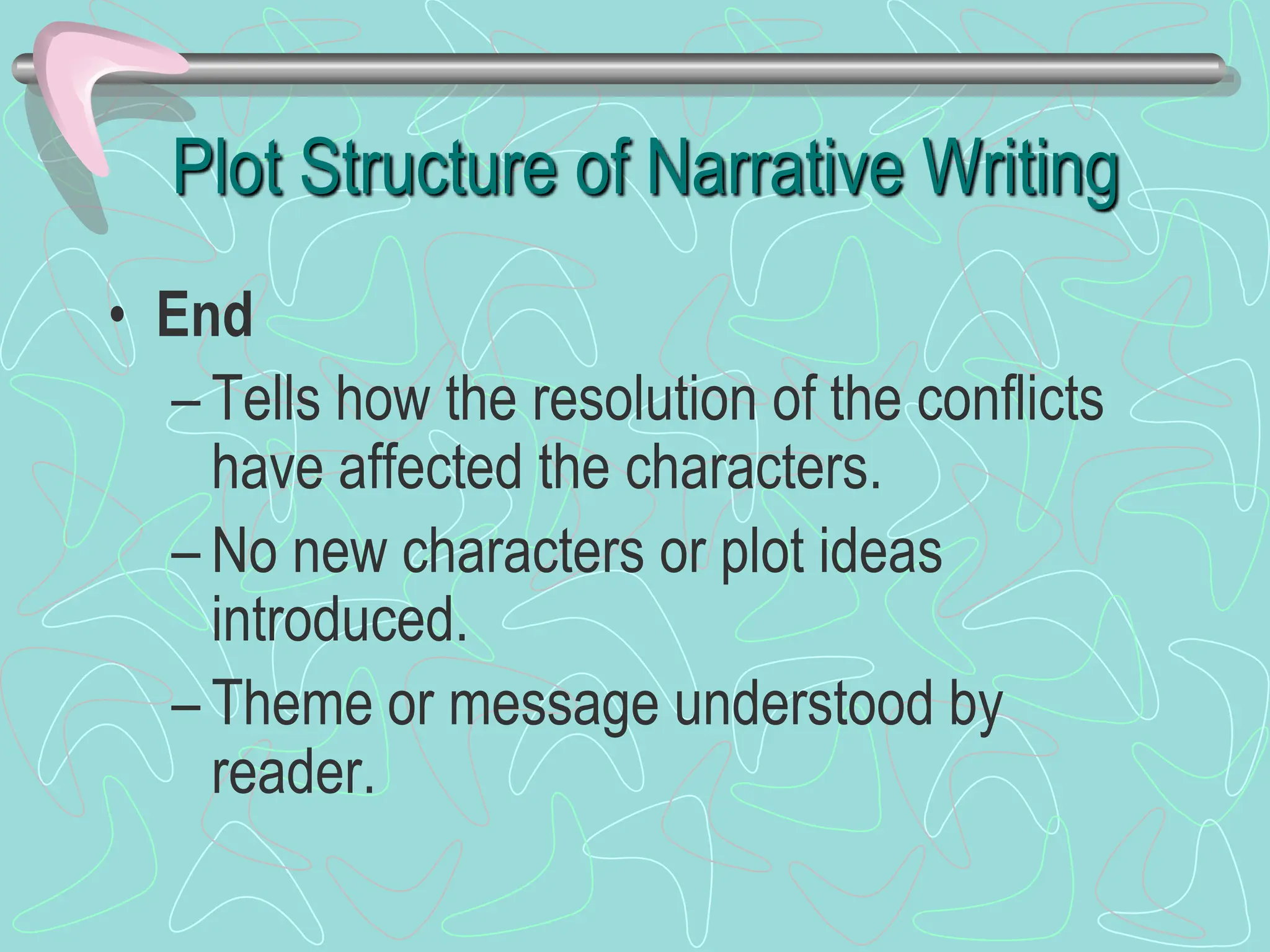 Plot Structure of Narrative Writing
• End
– Tells how the resolution of the conflicts
have affected the characters.
– No new characters or plot ideas
introduced.
– Theme or message understood by
reader.
 