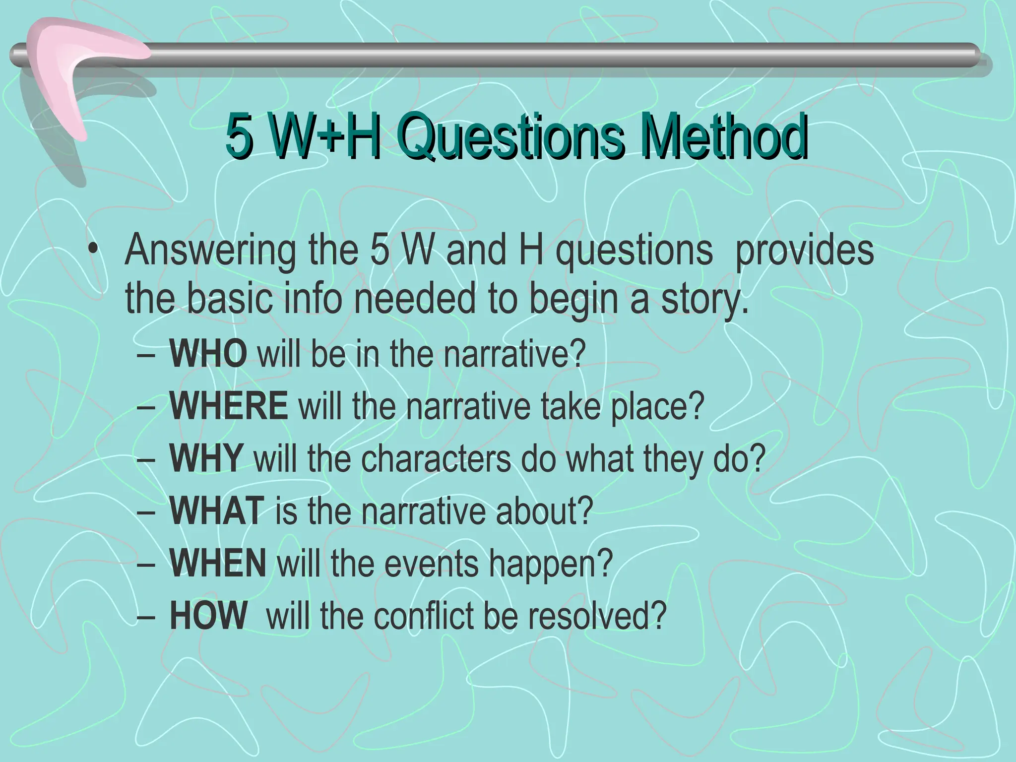 5 W+H Questions Method
5 W+H Questions Method
• Answering the 5 W and H questions provides
the basic info needed to begin a story.
– WHO will be in the narrative?
– WHERE will the narrative take place?
– WHY will the characters do what they do?
– WHAT is the narrative about?
– WHEN will the events happen?
– HOW will the conflict be resolved?
 