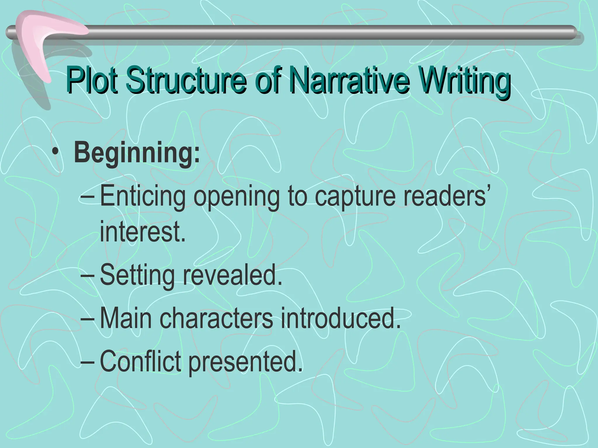 Plot Structure of Narrative Writing
Plot Structure of Narrative Writing
• Beginning:
– Enticing opening to capture readers’
interest.
– Setting revealed.
– Main characters introduced.
– Conflict presented.
 