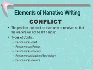 Elements of Narrative Writing
CONFLICT
• The problem that must be overcome or resolved so that
the readers will not be left hanging.
• Types of Conflict:
–
–
–
–
–

Person versus Self
Person versus Person
Person versus Society
Person versus Machine/Technology
Person versus Nature

 