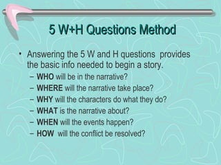 5 W+H Questions Method
• Answering the 5 W and H questions provides
the basic info needed to begin a story.
–
–
–
–
–
–

WHO will be in the narrative?
WHERE will the narrative take place?
WHY will the characters do what they do?
WHAT is the narrative about?
WHEN will the events happen?
HOW will the conflict be resolved?

 