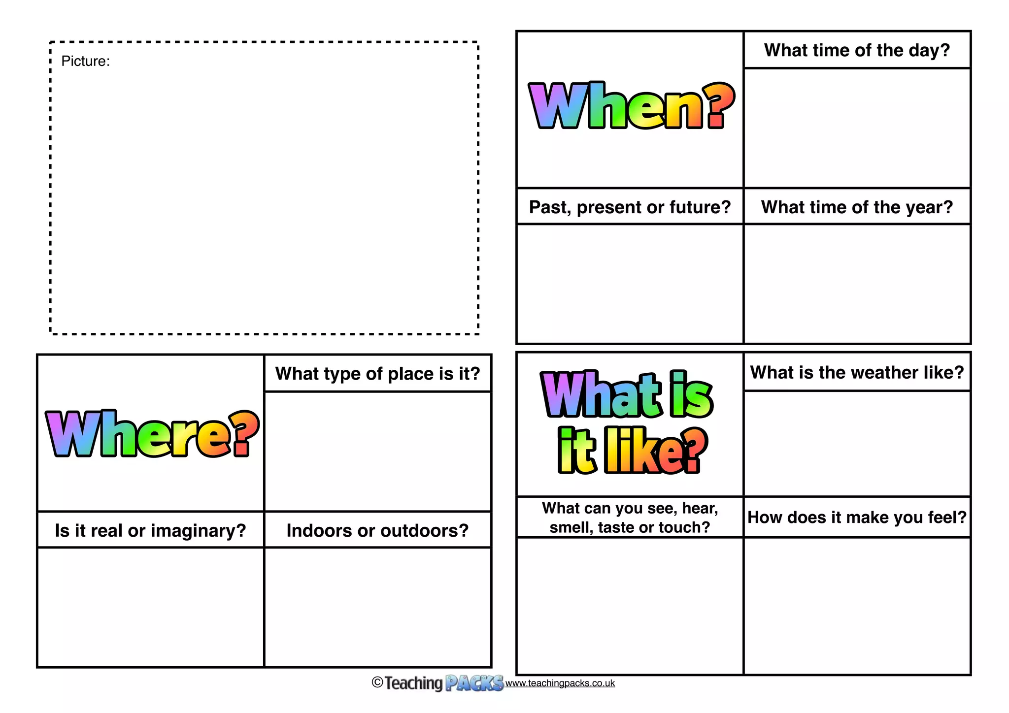 What is the weather like? 
What can you see, hear, 
smell, taste or touch? 
How does it make you feel? 
What type of place is it? 
Is it real or imaginary? Indoors or outdoors? 
What time of the day? 
Past, present or future? What time of the year? 
Picture: 
© www.teachingpacks.co.uk 
 