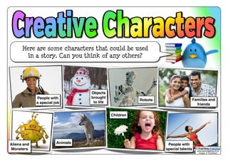 Here are some characters that could be used 
in a story. Can you think of any others? 
© 
www.teachingpacks.co.uk 
Images: © ThinkStock 
Robots 
Aliens and Animals 
Monsters 
Objects 
brought 
to life 
Children 
People with 
special talents 
People with 
a special job 
Families and 
friends 
 