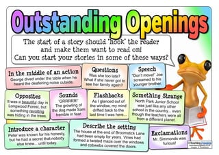 The start of a story should ‘hook’ the reader 
and make them want to read on! 
Can you start your stories in some of these ways? 
In the middle of an action 
George dived under the table when he 
heard the deafening noise outside. 
Opposites 
It was a beautiful day in 
Longwood Forest, but 
something revolting 
was hiding in the trees. 
Questions 
Was she too late? 
What if she never got to 
see her family again? 
Sounds 
’GRRRRR!’ 
The growling of 
the dog made Sam 
tremble in fear. 
Exclamations 
Mr. Simmonds was 
furious! 
Introduce a character 
Peter was known for his honesty, 
but he had a secret that nobody 
else knew... until today. 
Describe the setting 
The house at the end of Broomstick Lane 
had been empty for years. Vines had 
formed a twisted maze over the windows 
and cobwebs covered the doors. 
Speech 
“Don’t move!” Joe 
screamed to his 
younger brother. 
Flashbacks 
As I glanced out of 
the window, my mind 
drifted back to the 
last time I was here... 
Something Strange 
North Park Junior School 
was just like any other 
school in the country... even 
though the teachers were all 
from a different planet. 
© 
www.teachingpacks.co.uk 
Images: © ThinkStock 
 