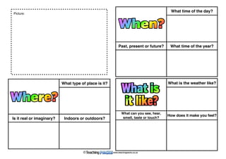 What is the weather like? 
What can you see, hear, 
smell, taste or touch? 
How does it make you feel? 
What type of place is it? 
Is it real or imaginary? Indoors or outdoors? 
What time of the day? 
Past, present or future? What time of the year? 
Picture: 
© www.teachingpacks.co.uk 
 
