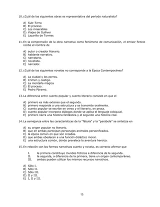 10. ¿Cuál de las siguientes obras es representativa del período naturalista?

   A)   Sub–Terra
   B)   El proceso
   C)   Los miserables
   D)   Viajes de Gulliver
   E)   Lazarillo de Tormes

11. En la comprensión de la obra narrativa como fenómeno de comunicación, el emisor ficticio
    recibe el nombre de

   A)   autor o creador literario.
   B)   hablante narrativo.
   C)   narratario.
   D)   novelista.
   E)   narrador.

12. ¿Cuál de las siguientes novelas no corresponde a la Época Contemporánea?

   A)   La ciudad y los perros.
   B)   Crimen y castigo.
   C)   La montaña mágica
   D)   El proceso.
   E)   Pedro Páramo.

13. La diferencia entre cuento popular y cuento literario consiste en que el

   A)   primero es más extenso que el segundo.
   B)   primero responde a una estructura y se transmite oralmente.
   C)   cuento popular se escribe en verso y el literario, en prosa.
   D)   cuento popular incorpora diálogos donde se aplica el lenguaje coloquial.
   E)   primero narra una historia fantástica y el segundo una historia real.

14. La semejanza entre las características de la “fábula” y la “parábola” se sintetiza en

   A)   su origen popular no literario.
   B)   que en ambas participan personajes animales personificados.
   C)   la época común en que son creadas.
   D)   que ambas obedecen a una función didáctico moral.
   E)   una estructura común, donde prevalece la aventura heroica.

15. En relación con las formas narrativas cuento y novela, es correcto afirmar que

        I.      la primera constituye mundos ficticios a diferencia de la segunda.
        II.     la segunda, a diferencia de la primera, tiene un origen contemporáneo.
        III.    ambas pueden utilizar los mismos recursos narrativos.

   A)   Sólo I.
   B)   Sólo II.
   C)   Sólo III.
   D)   II y III.
   E)   I, II y III.




                                                13
 