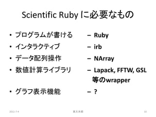 Scientific Ruby に必要なもの

• プログラムが書ける                – Ruby
• インタラクティブ                 – irb
• データ配列操作                  – NArray
• 数値計算ライブラリ                – Lapack, FFTW, GSL
                            等のwrapper
• グラフ表示機能                  – ?

2011-7-4            東大本郷                     10
 